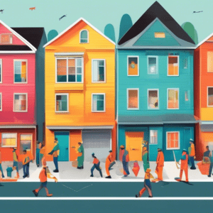 A crowded neighborhood street with a line of garages being transformed into small, brightly painted homes, with construction workers and new residents in front.
