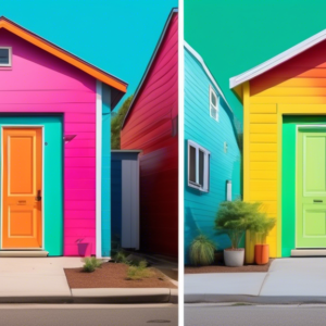A split image with a rundown garage door on one side and a brightly painted, welcoming tiny home facade on the other.