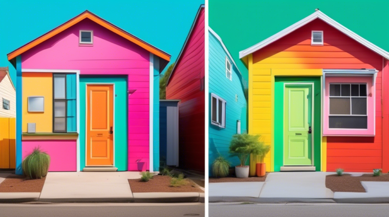 Kissimmee Commissioner Proposes Converting Garages into Affordable Housing 9 A split image with a rundown garage door on one side and a brightly painted, welcoming tiny home facade on the other.