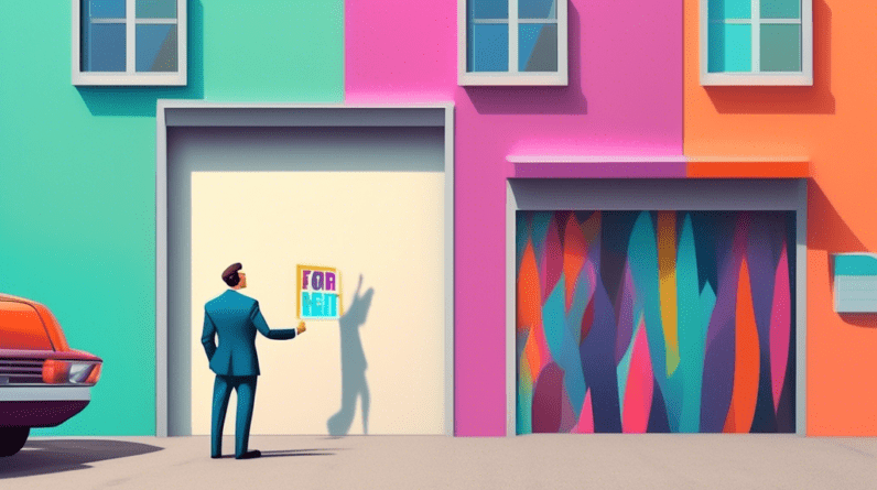 Kissimmee commissioner proposes converting garages into affordable housing 13 A hand turning a garage door into a colorful house facade with a For Rent sign, while a city official in a suit points at it approvingly.