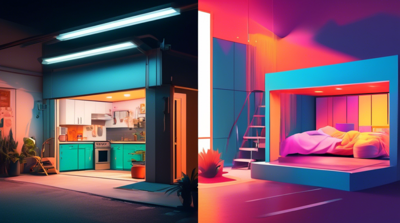 Kissimmee commissioner proposes converting garages into affordable housing 1 A split image with a rundown garage on one side and a brightly lit modern studio apartment with a small kitchen and bed on the other.