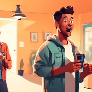 A millennial holding a mug with a surprised expression as their father hands them a set of keys, standing in a newly renovated garage apartment, with moving boxes in the background.