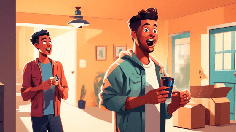 My dad converted the garage because I couldn't afford a house 1 A millennial holding a mug with a surprised expression as their father hands them a set of keys, standing in a newly renovated garage apartment, with moving boxes in the background.