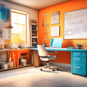 A detached garage transformed into a bright home office, with a permit application and blueprints on a desk in the foreground and construction tools in the background.