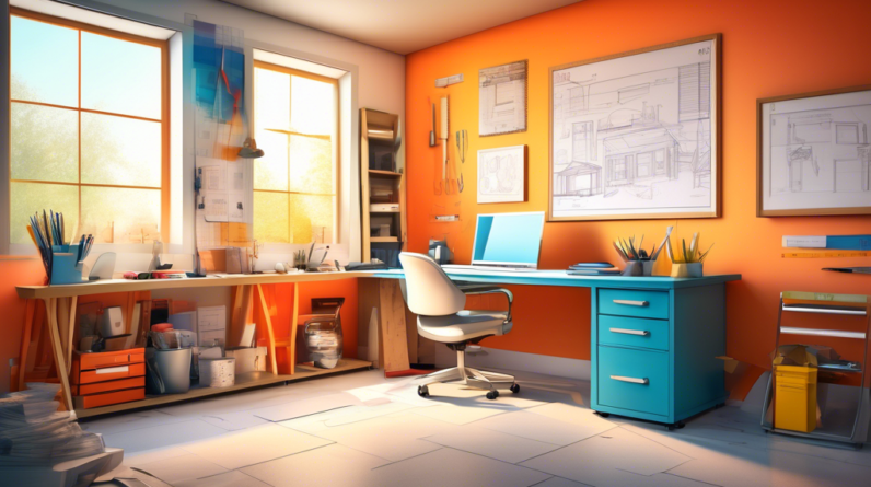 Navigating Garage Conversion Permits for Your Home Office 1 A detached garage transformed into a bright home office, with a permit application and blueprints on a desk in the foreground and construction tools in the background.