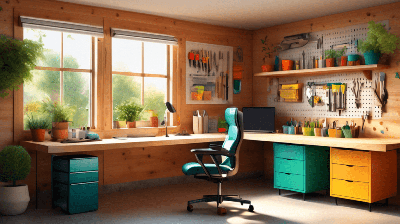 Optimizing Your Garage Office Layout for Productivity 5 A well-lit, organized garage office with natural wood desk, ergonomic chair, large window overlooking a garden, and tools neatly organized on a pegboard wall.
