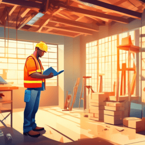 A construction worker standing in a garage, holding a calculator in one hand and blueprints in the other, with tools and building materials surrounding him and sunlight streaming in from the open gara