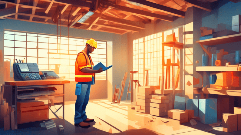 Planning Your Garage Conversion Budget: Tips and Tricks 1 A construction worker standing in a garage, holding a calculator in one hand and blueprints in the other, with tools and building materials surrounding him and sunlight streaming in from the open gara