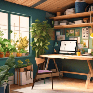 A cozy and functional home office squeezed inside a small garage, with a desk facing the open garage door, surrounded by plants and bathed in natural light.