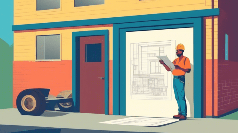 Understanding Garage Conversion Permits Cost 1 A construction worker holding a building permit, reviewing blueprints in front of a garage being converted into a living space.