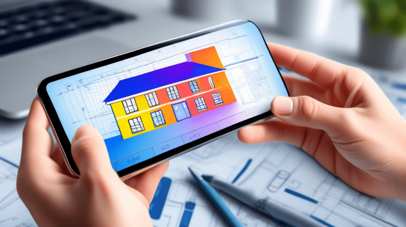 Using a Garage Conversion Cost Calculator: A Step-by-Step Guide 9 A hand holding a smartphone with a Garage Conversion Cost Calculator app open on the screen, superimposed over a blueprint of a garage conversion with a transparent overlay showing a finished living s