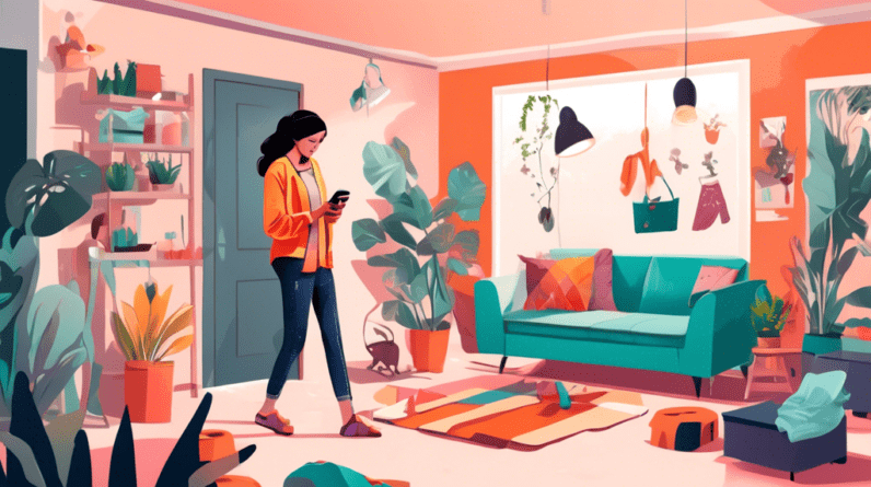 Funding my garage conversion by selling on Vinted - here are my top tips 1 A woman standing in her garage conversion, surrounded by stylish furniture and plants, holding a smartphone with the Vinted app open and a pile of neatly folded clothes at her feet.