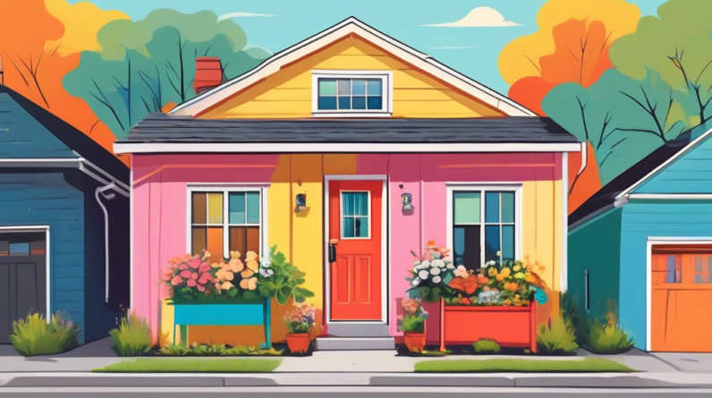 Kissimmee Commissioner Proposes Converting Garages into Affordable Housing 5 A brightly painted, detached garage with a front door, windows, and a flower box, nestled among larger homes, with a For Rent sign that says Affordable Housing Option in front.